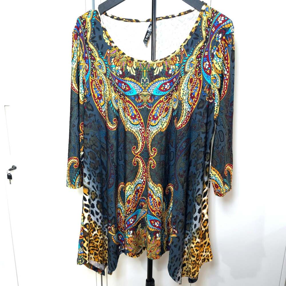 Women's Plus Size Paisley and Animal Print Scoop Neck Marlene Tunic Brown 2XL